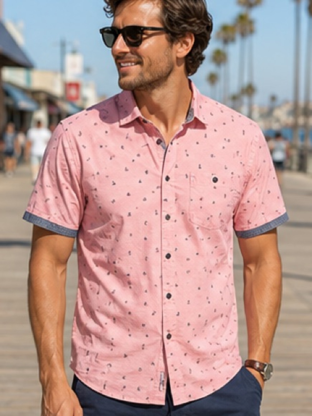 NWOT Men’s Short-Sleeve Shirt CORAL Sail Boat and Palm Tree Print Size: XXXLarge